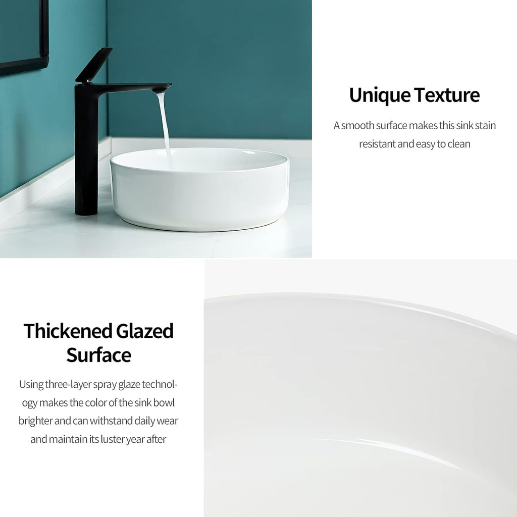 14'' Round Vessel Sink with Pop Up Drain,Bathroom Vessel Sinks,Bathroom Sinks Above Counter,Ceramic Vessel