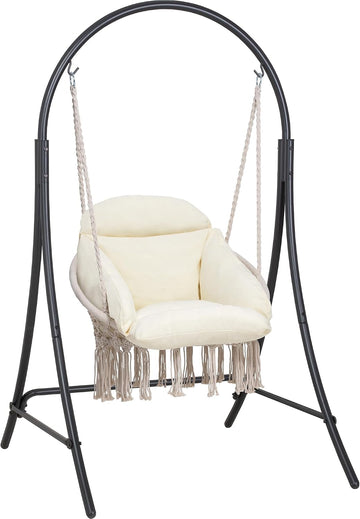 Outdoor Hanging Hammock Chair with Stand, Natural Macrame Swing Chair | Heavy Duty Hanging Chair Stand with Swing