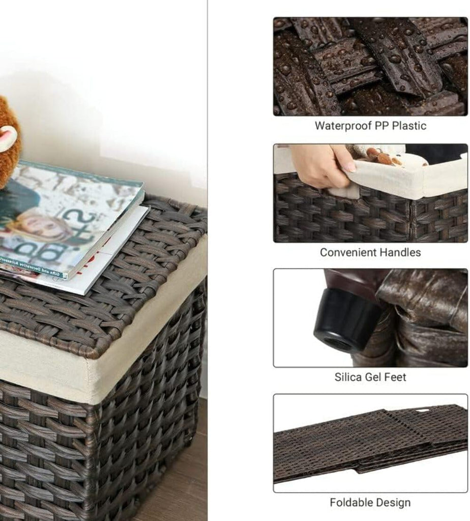 Storage Basket with Lid, Woven Blanket Storage Bin with Handles, Foldable, Removable Liner, Metal Frame, Laundry
