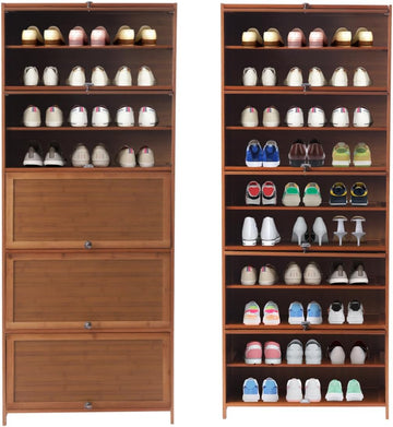Tall Bamboo Shoe Storage Cabinet Bamboo Shoe Rack with Doors, 11 Tier Freestanding Shoes Rack Heels Sneakers Shelf