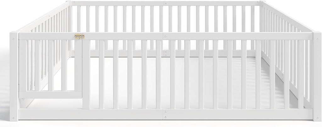 Queen Size Kids Montessori Floor Bed with Door,Solid Wood Floor Bed Frame with High Fence for Girls,Boys,White