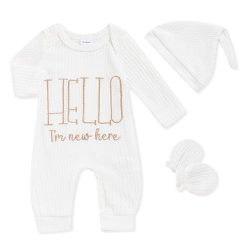 Newborn Baby Boy Romper Coming Home Outfits Letter Print Bodysuit Jumpsuit+Hat+Gloves 3PCS Clothes Set (Pure White