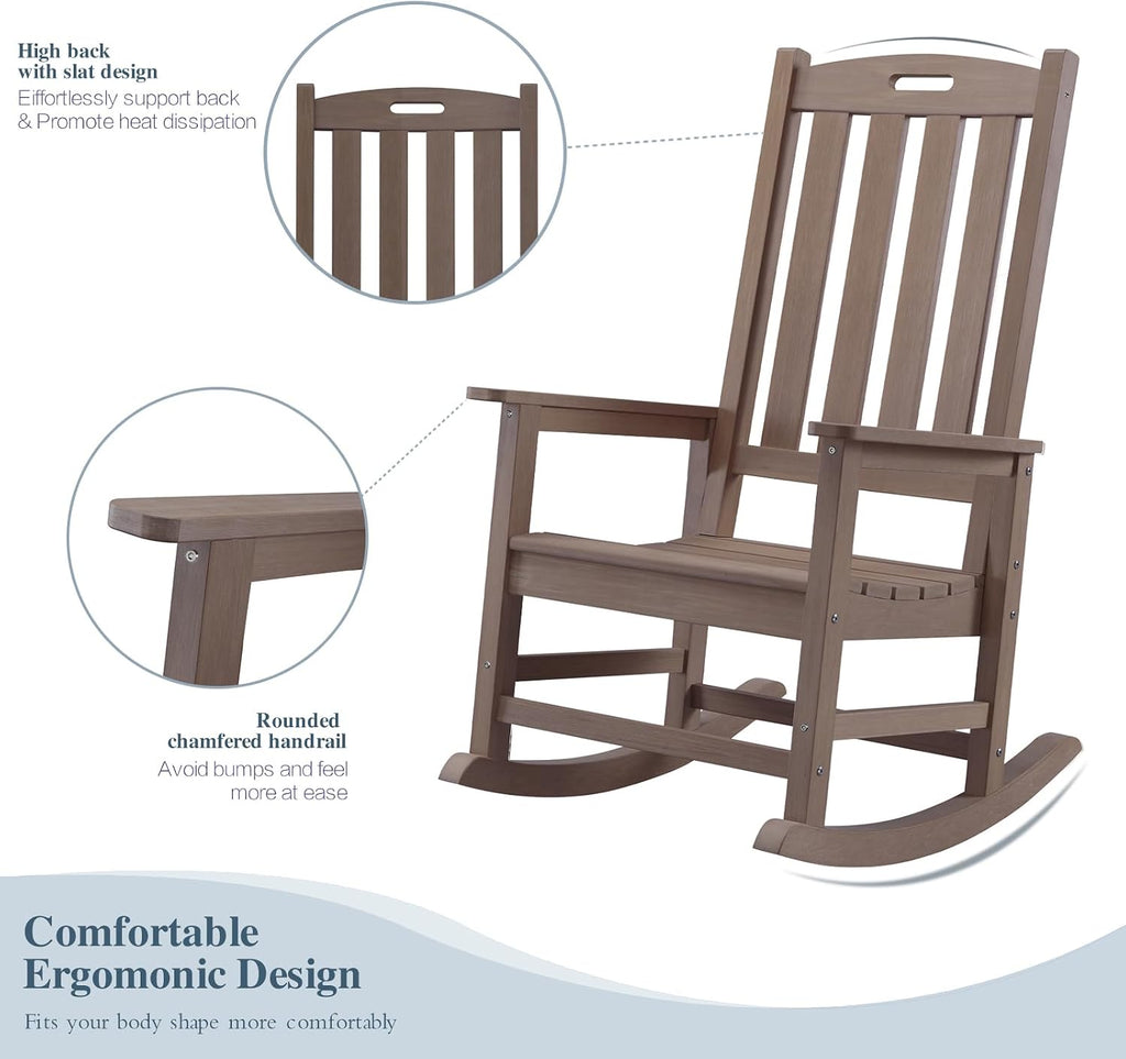 Outdoor Rocking Chairs Set of 2, Oversized Porch Rocker (Brown) | Weather Resistant Rocking Chairs with High Back