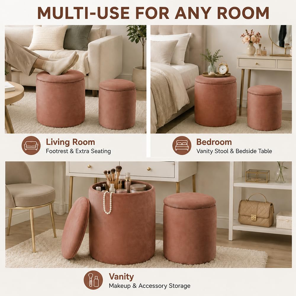 Round Storage Ottoman with Removable Lid, 2-Piece Upholstered Vanity Stool with Hidden Storage Space