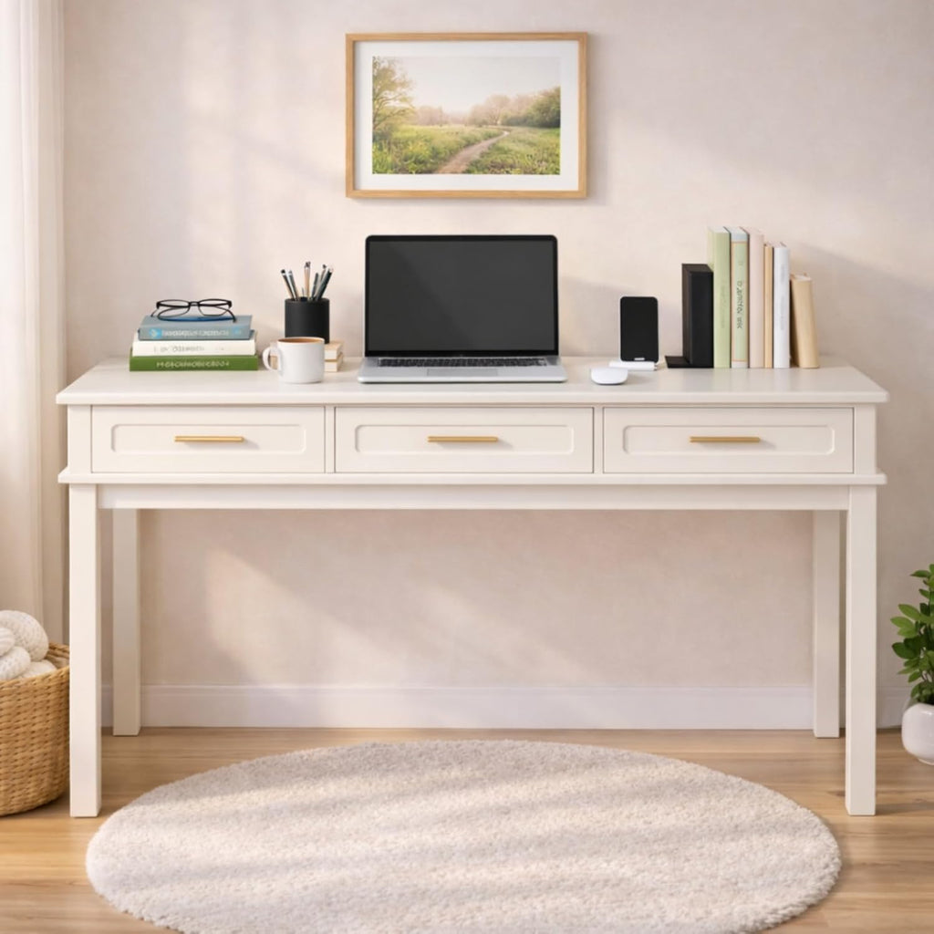 Modern Vanity Desk Makeup Dressing Table w/3 Drawers &Spacious Tabletop for Girls, Solid Wood Writing Desk