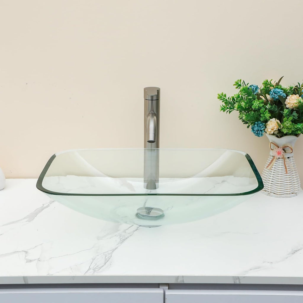 Bathroom Vessel Sink Tempered Glass Bowl Vessel Sink with Pop-up Drain Combo 20-1/4 x 14-1/2 Inch Transparent