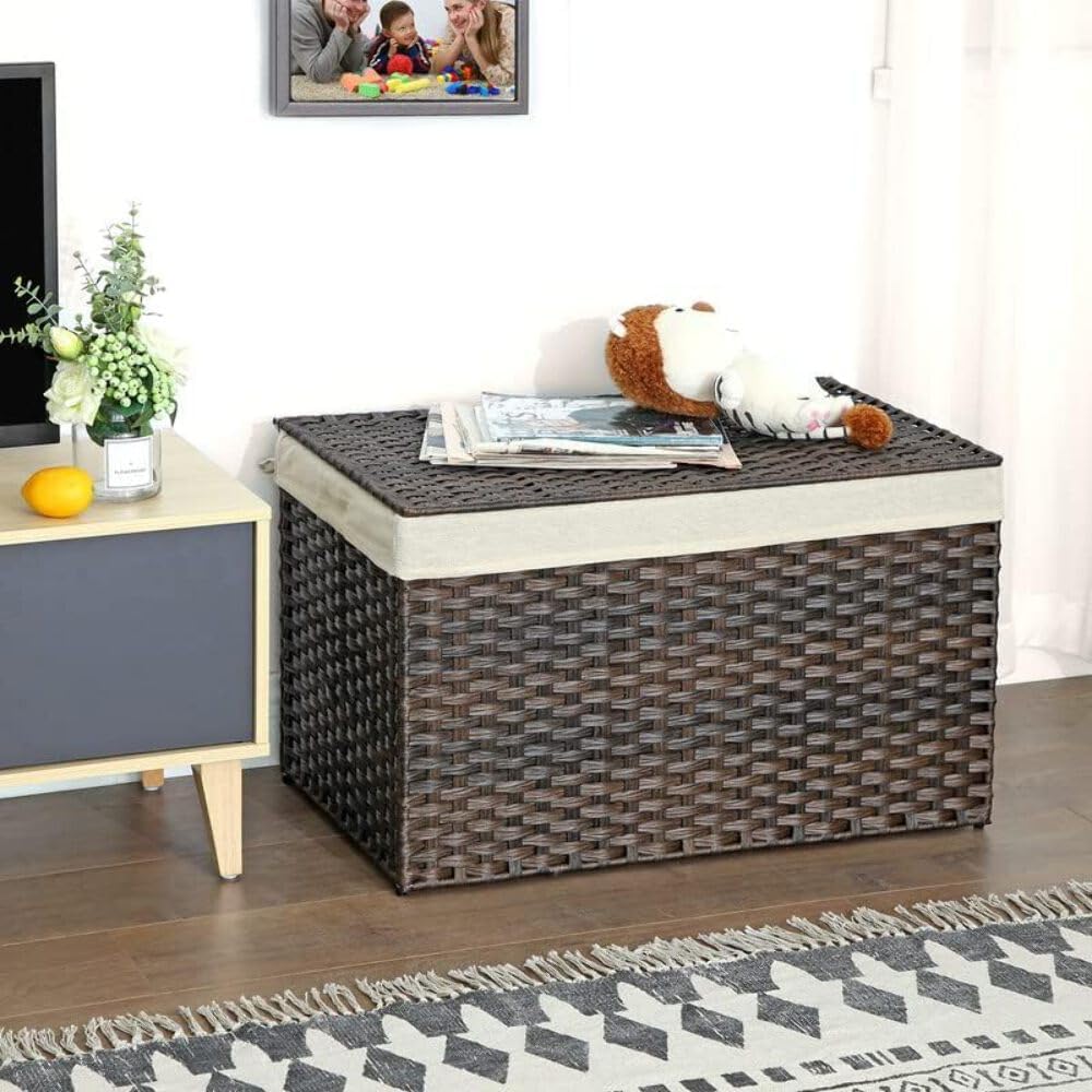 Storage Basket with Lid, Woven Blanket Storage Bin with Handles, Foldable, Removable Liner, Metal Frame, Laundry