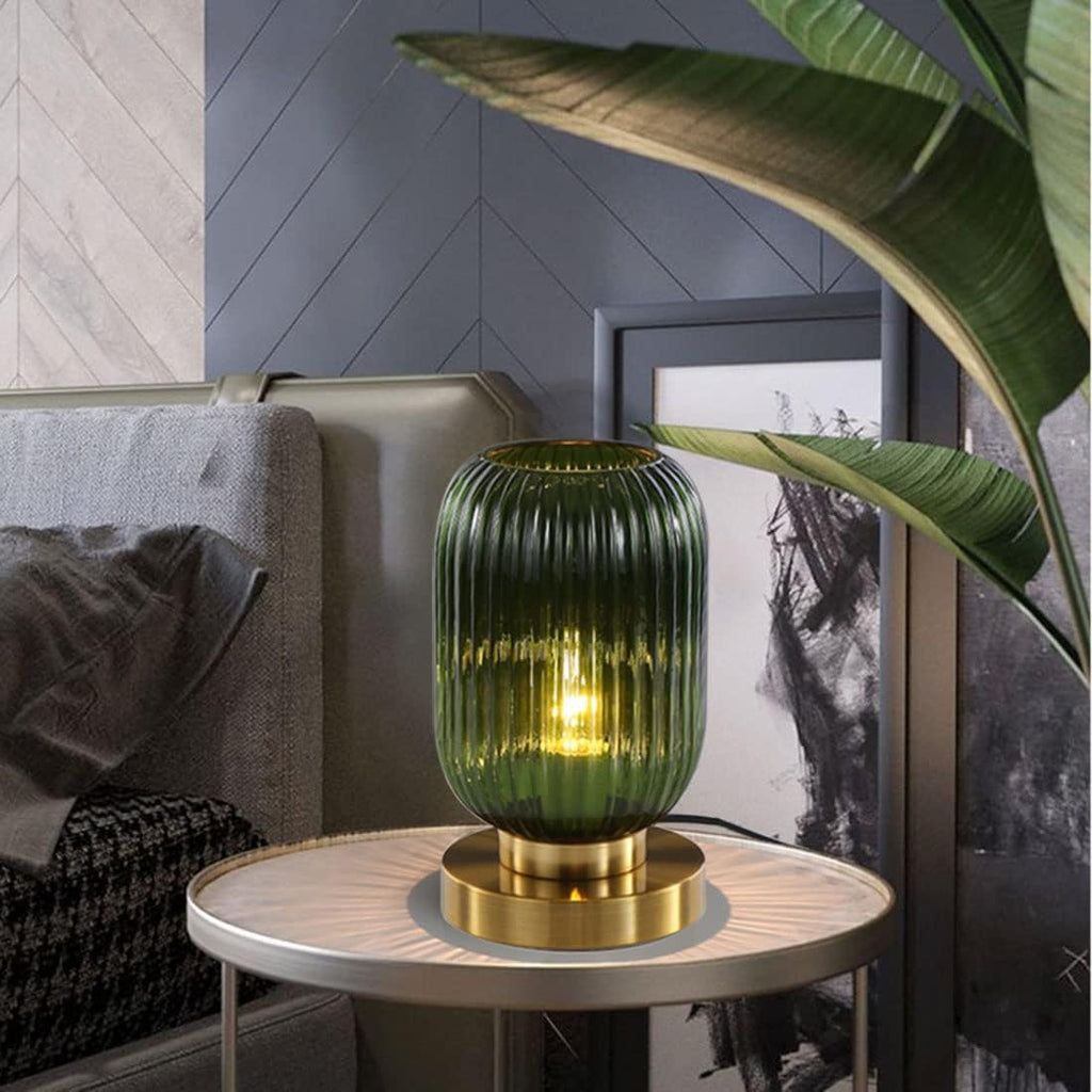 Glass Table Lamps Mid Century Modern Globe Table lamp Gold Desk lamp nightstand lamp with Green Pumpkin Design Ribbed