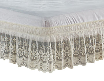 Vintage Solid Lace Elastic Dust Bed Skirt, Wrap Around Bed Skirt, Easy On/Off Dust Ruffle, 15" Drop