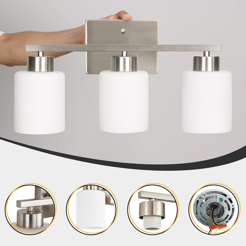 Brushed Nickel Bathroom Light Fixtures Vanity Lights Over Mirror | Modern 3-Light lighting fixtures with Milky White