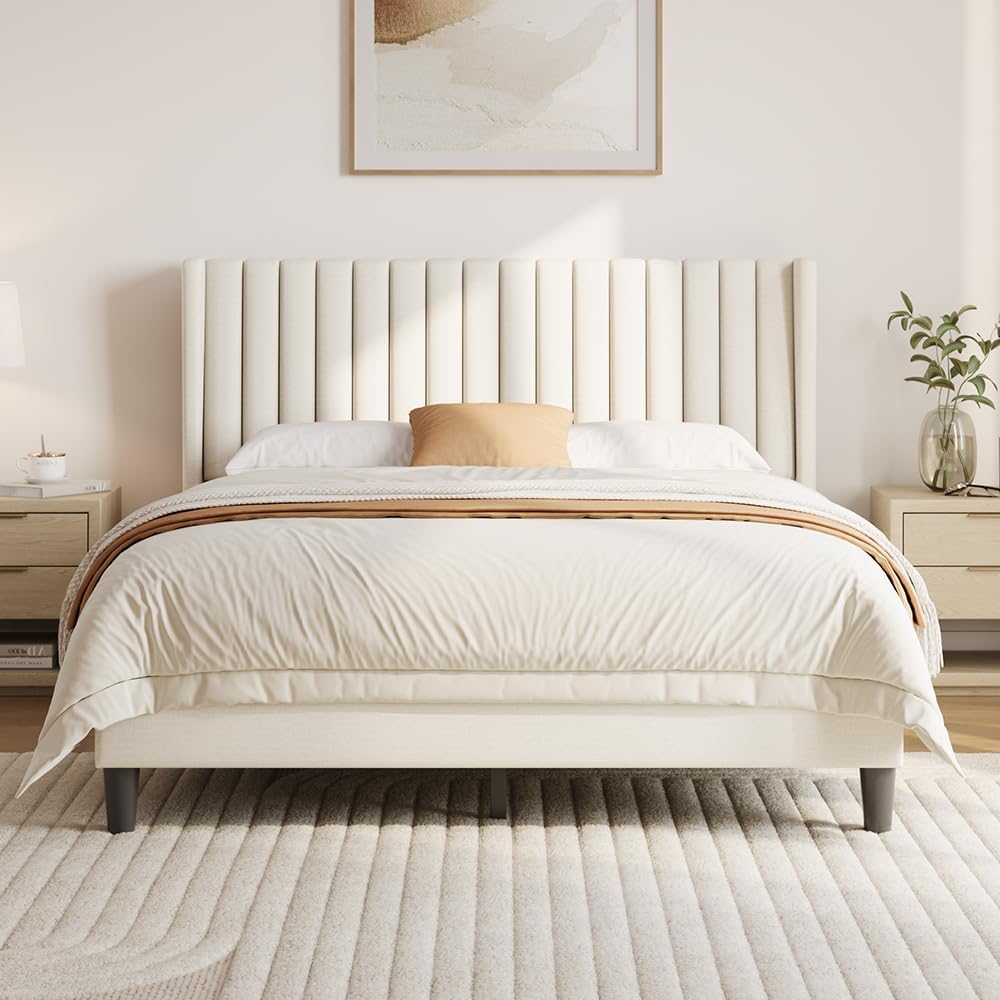 Queen Bed Frame Upholstered Platform Bed with Fabric Headboard