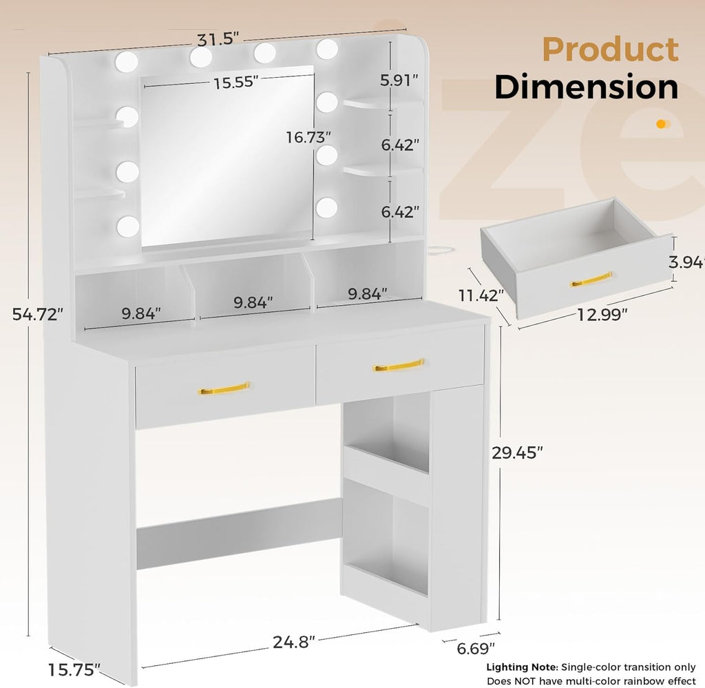 Vanity Desk with LED Lights Mirror & Charging Station, White Makeup Vanity with Storage Drawers and Shelves, Modern