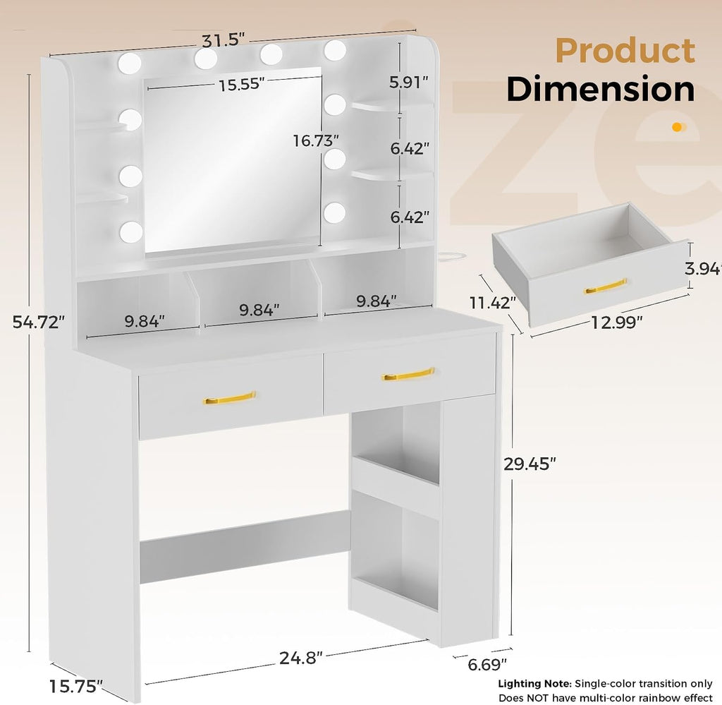 Vanity Desk with LED Lights Mirror & Charging Station, Makeup Vanity with Storage Drawers and Shelves, Modern