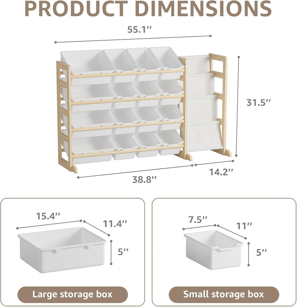 Toy Storage Organizer with Bookshelf - Wooden 12 Bins Kids Toy Organizer Rack, Solid Pine Wood, Toys Box for Toddler