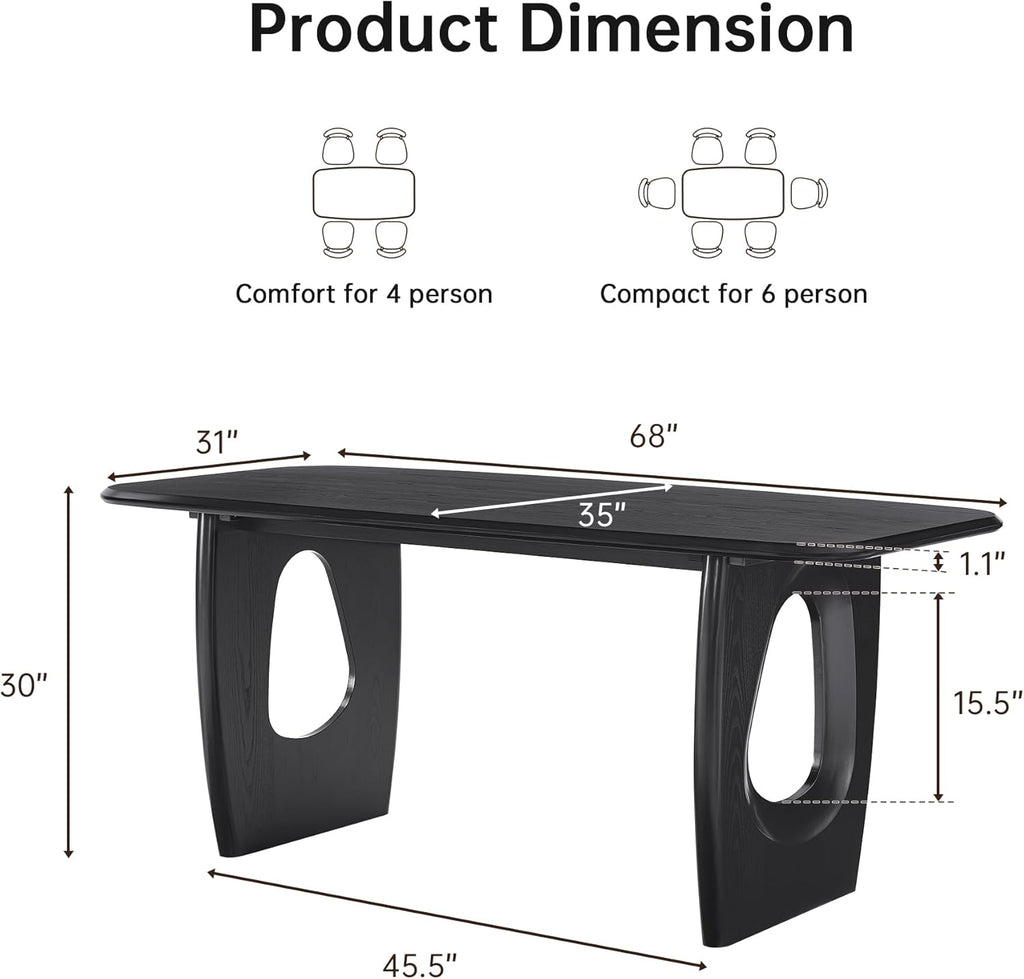 Modern Dining Table for 4-6 People,68'' Rectangle Dining Table, Kitchen Table with Pedestal Base, Dinner Table for Dining Room, Kitchen, Living Room (Black)