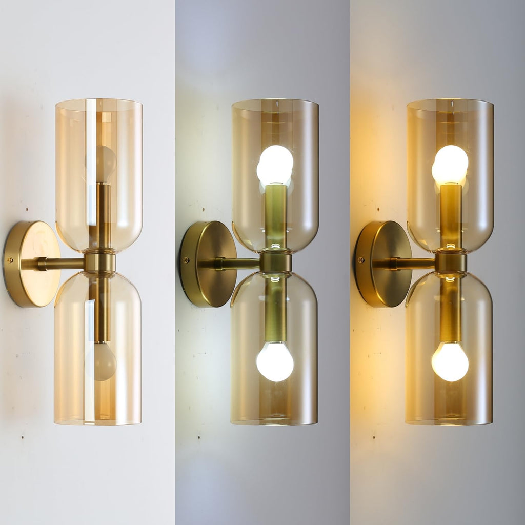 Minimalist 2-Light Gold Wall Sconces with Cylinder Glass Shades- Mid Century Vanity Wall Double Lights Hardwired