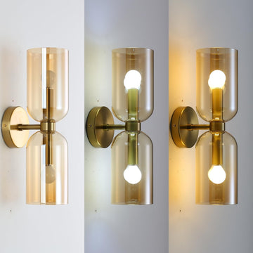 Minimalist 2-Light Gold Wall Sconces with Cylinder Glass Shades- Mid Century Vanity Wall Double Lights Hardwired