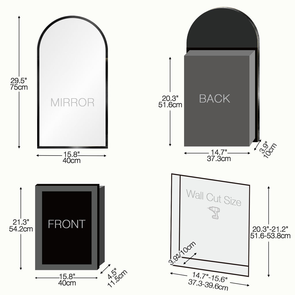 Arched Medicine Cabinet Mirror No Assembly Bathroom Mirror with Storage Recessed or Surface Mount Options (Black