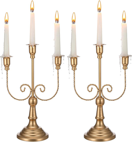 2 Pcs 3 Arm Gold Candelabra, 11.6" Metal Candle Holders Candelabra Centerpieces for Tables Theme Party Table