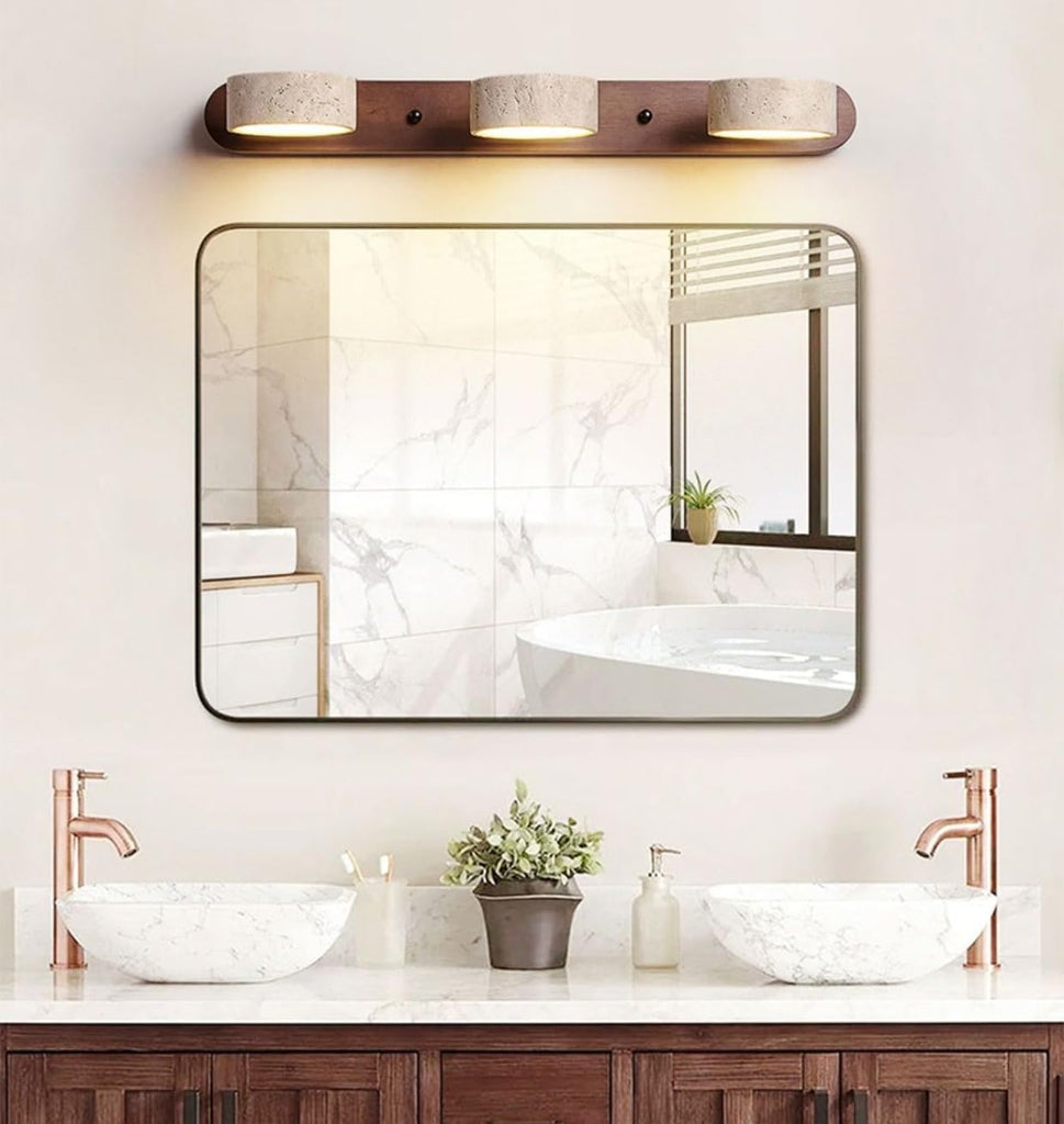 Dark Wood Farmhouse Bathroom Vanity Light Natural Stone Shade | Travertine 3 Lights Linear Bathroom Wall Sconce