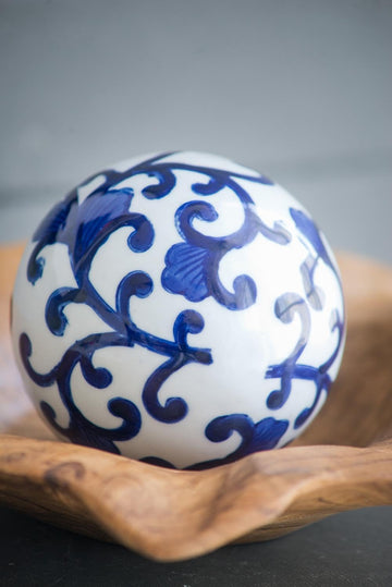Set of 4 Porcelain Decorative Spheres - Handcrafted Traditional Blue and White Floral Orbs Decor, Tabletop Accent