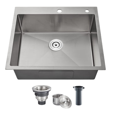 25×18 Inch Drop in, 18 Guage Stainless Steel 9 Inch Deep Sink, 25 Inch Top mount Kitchen Single Bowl 2 Holes Sink