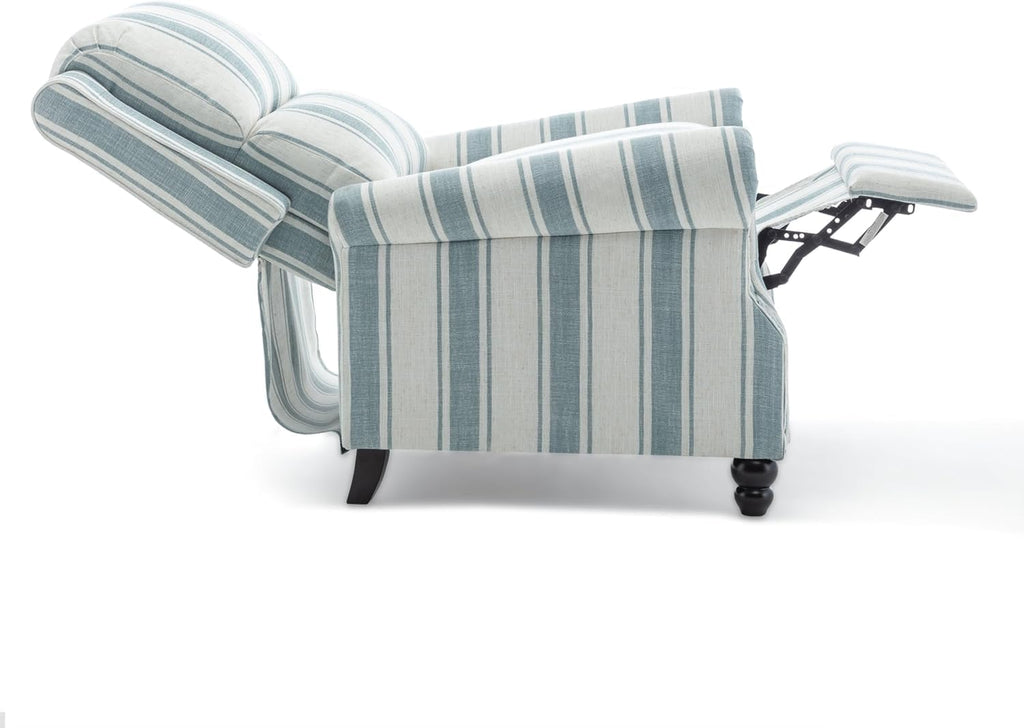 Wingback Pushback Recliner Chairs Set of 2, Blue Stripe | Comfy Fabric Armchair with Adjustable Back & Footrest