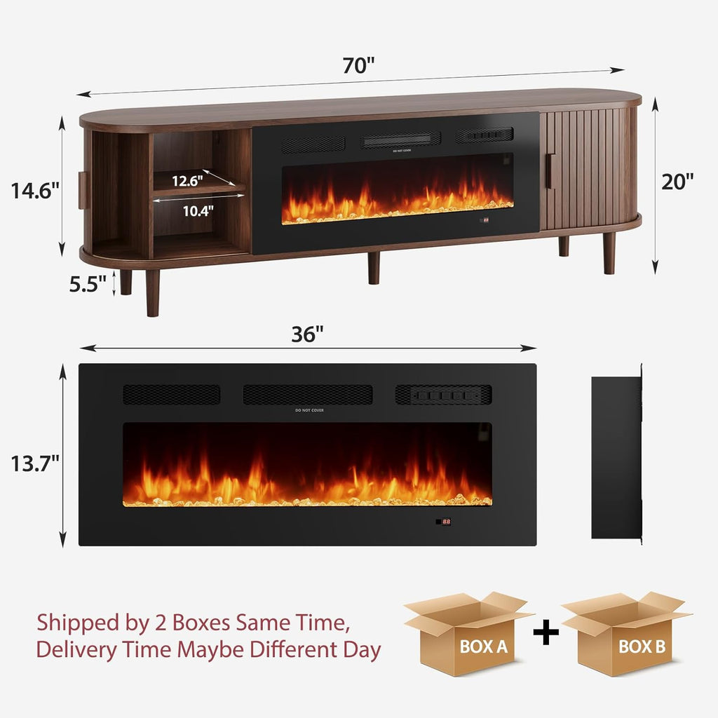 70" Mid Century Modern TV Stand with Fireplace, Fluted Fireplace TV Stand, Entertainment Center with Sliding Door, TV