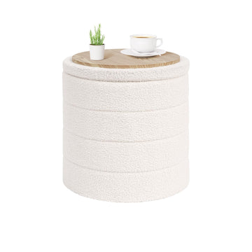 Round Folding Storage Ottoman, Cream Boucle Footstool