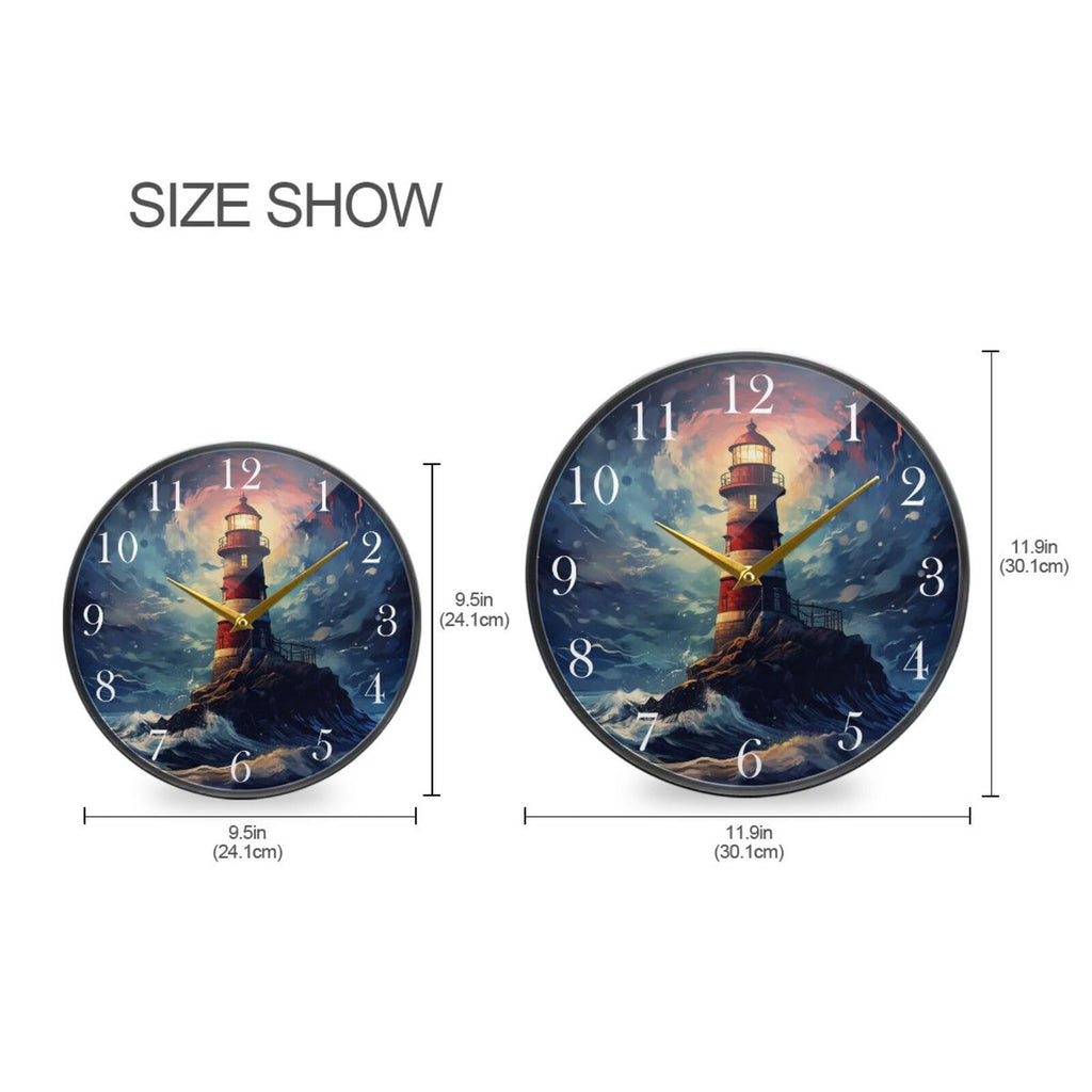 Nautical Lighthouse Starry Night Wall Clock Non Ticking Silent Battery Operated Round Decorative Clock Living Room