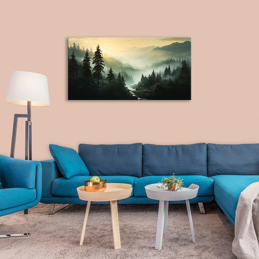 Misty Forest Canvas Wall Art Foggy Mountain Landscape Nature Picture Decor Living Room Pine Trees Smoky Scenery