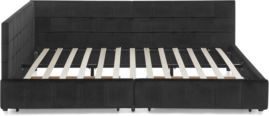 Queen Size Daybed with Storage Drawers, Upholstered Corner Bed with L Shaped Headboard, Velvet Daybed Frame Guest