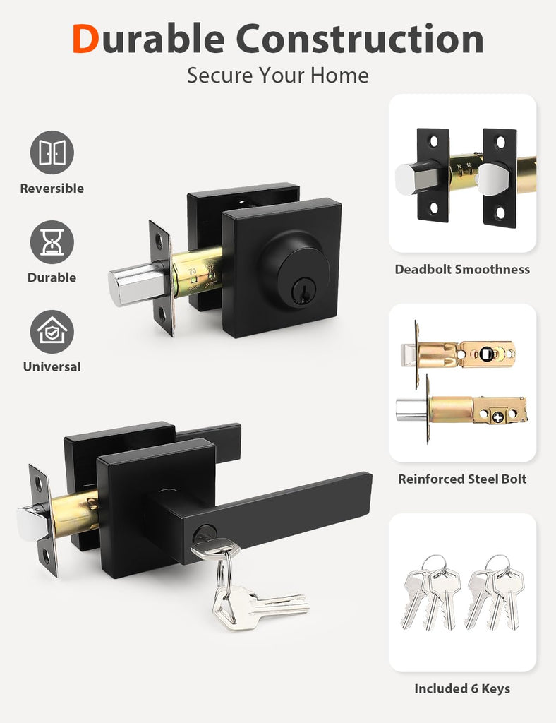 Square Keyed Alike Front/Exterior Door Levers with Single Cylinder Deadbolt, Flat Black Entry Door Knob Lock Sets