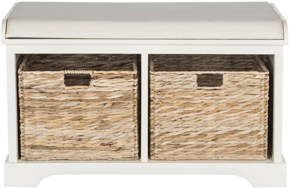 Furniture - Freddy 2-Basket Storage Bench - Vintage White - Solid Wood - Coastal Basket Storage Design - Ideal , 18"