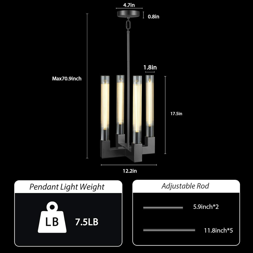 Inspired Cannele Style Glass Tube Black Pendant Lights Kitchen Island,4-Light Modern Farmhouse Pendant Light,Black Copper Kitchen Pendant Lighting Over Island,Indoor Chandeliers for Dining Room,Bedroom,Entryway