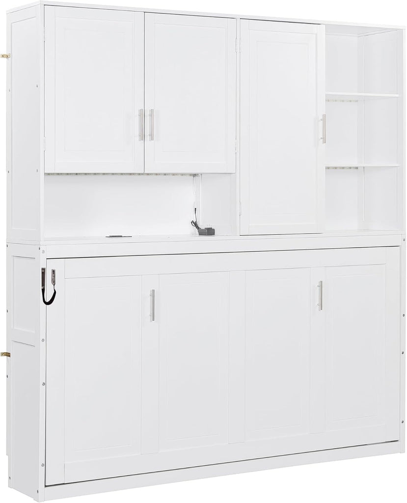Twin Wall Murphy Bed with Top Cabinet, Shelves,Space Saving Foldable Bed with Light & USB,Sleeping Arrangement for