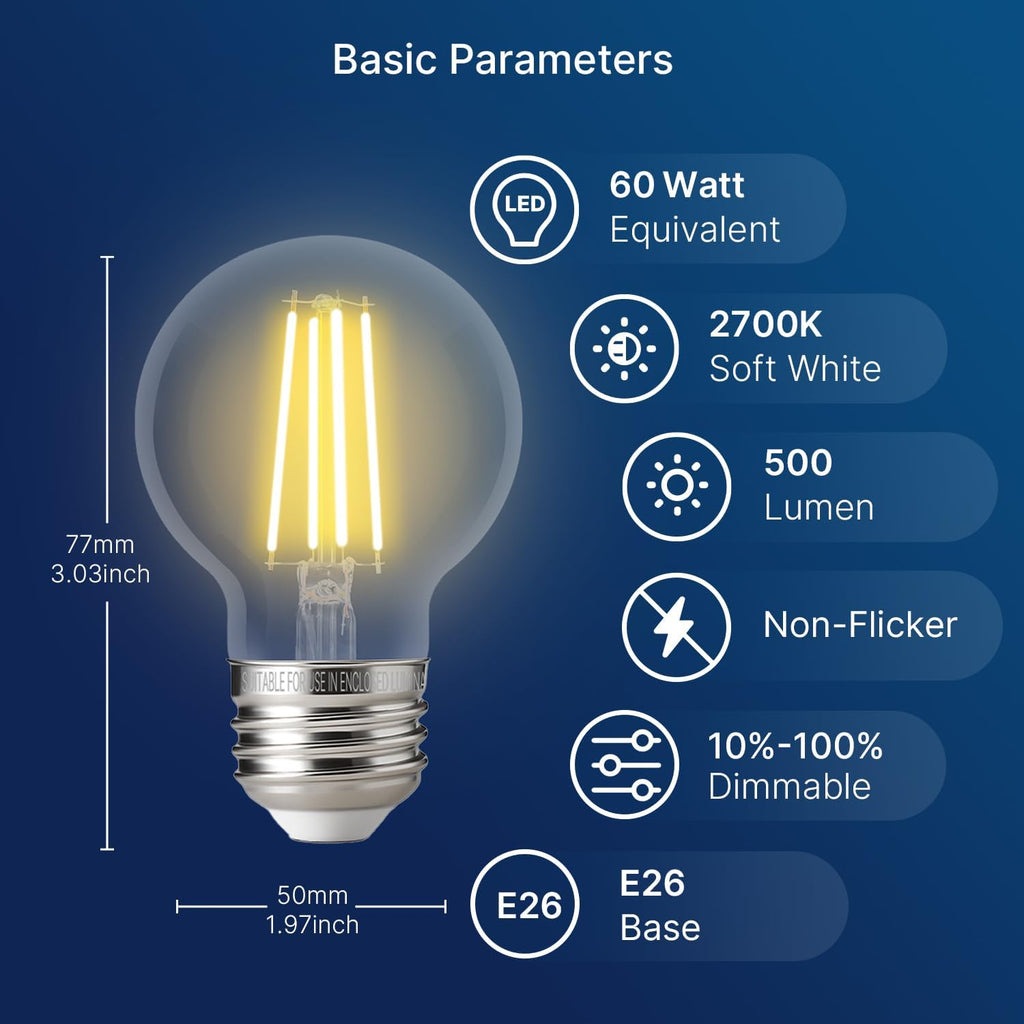 60W Equivalent LED Globe Candelabra Bulbs, Dimmable G16.5 LED E26 Chandelier Light Bulbs, 500LM, CRI82, 4W, AC 120V - Set of 6