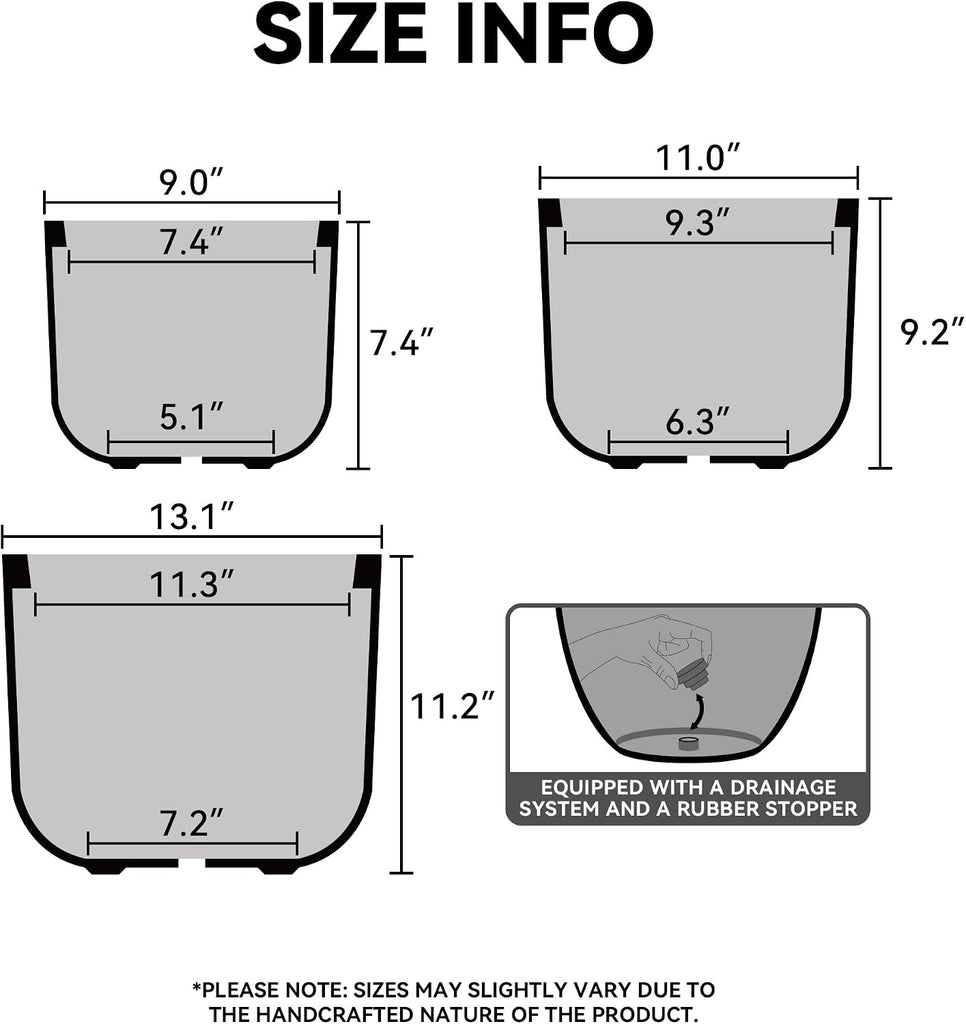 Set of 3 Black Concrete Capsule Planters 13.1" 11" 13.1" Dia | Drainage for Outdoor, Rubber Plug for Indoor Home