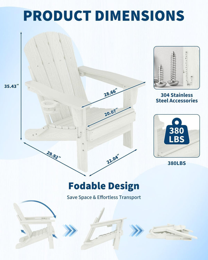 Folding Adirondack Chair, Weather Resistant HDPE Outdoor Patio Chair with Wood Grain Texture, Collapsible Durable &