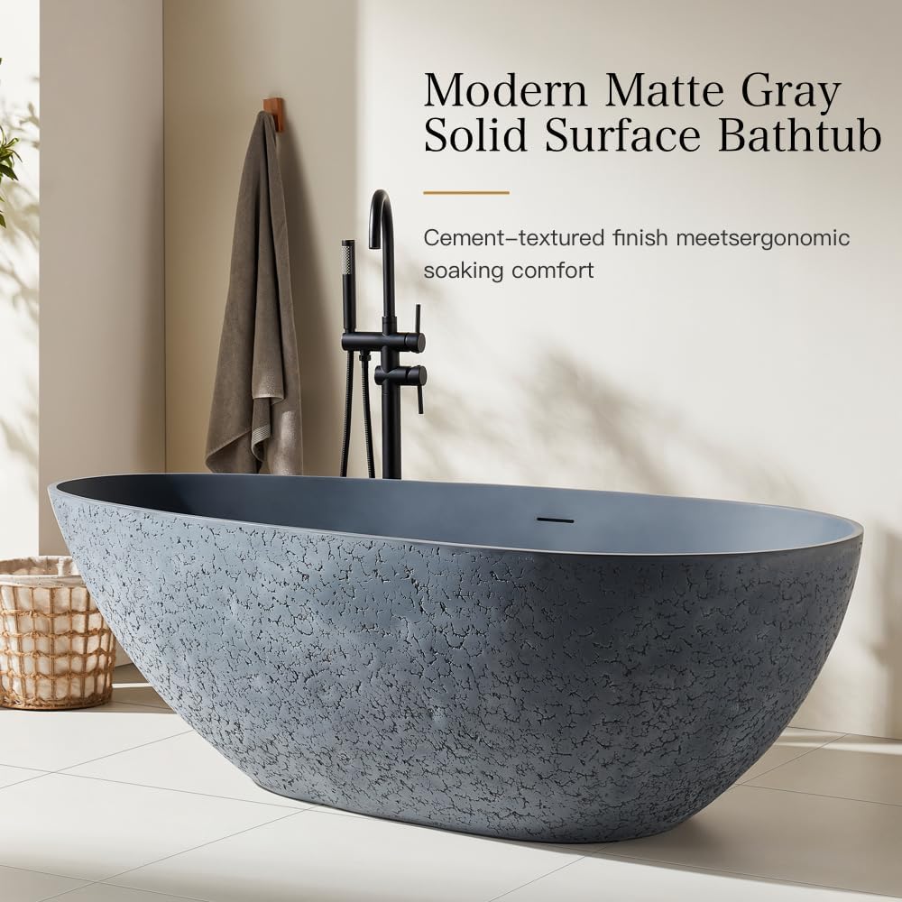 67" Stone Resin Luxury Contemporary Solid Surface Freestanding Bathtub in Cement Point Treatment Oval Tub