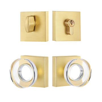 Single Cylinder Deadbolt and Crystal Glass Passage Door Knob Combo Set, Satin Brass Finish
