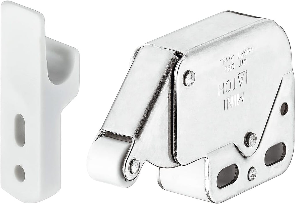 Push-to-Open Mini Latch with Strike - Automatic Spring Catch Touch Release Lock for Cabinets, Dressers, Cupboards, and