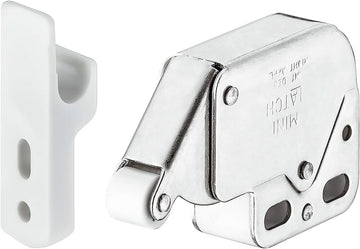 Push-to-Open Mini Latch with Strike - Automatic Spring Catch Touch Release Lock for Cabinets, Dressers, Cupboards, and Laundry Room Doors