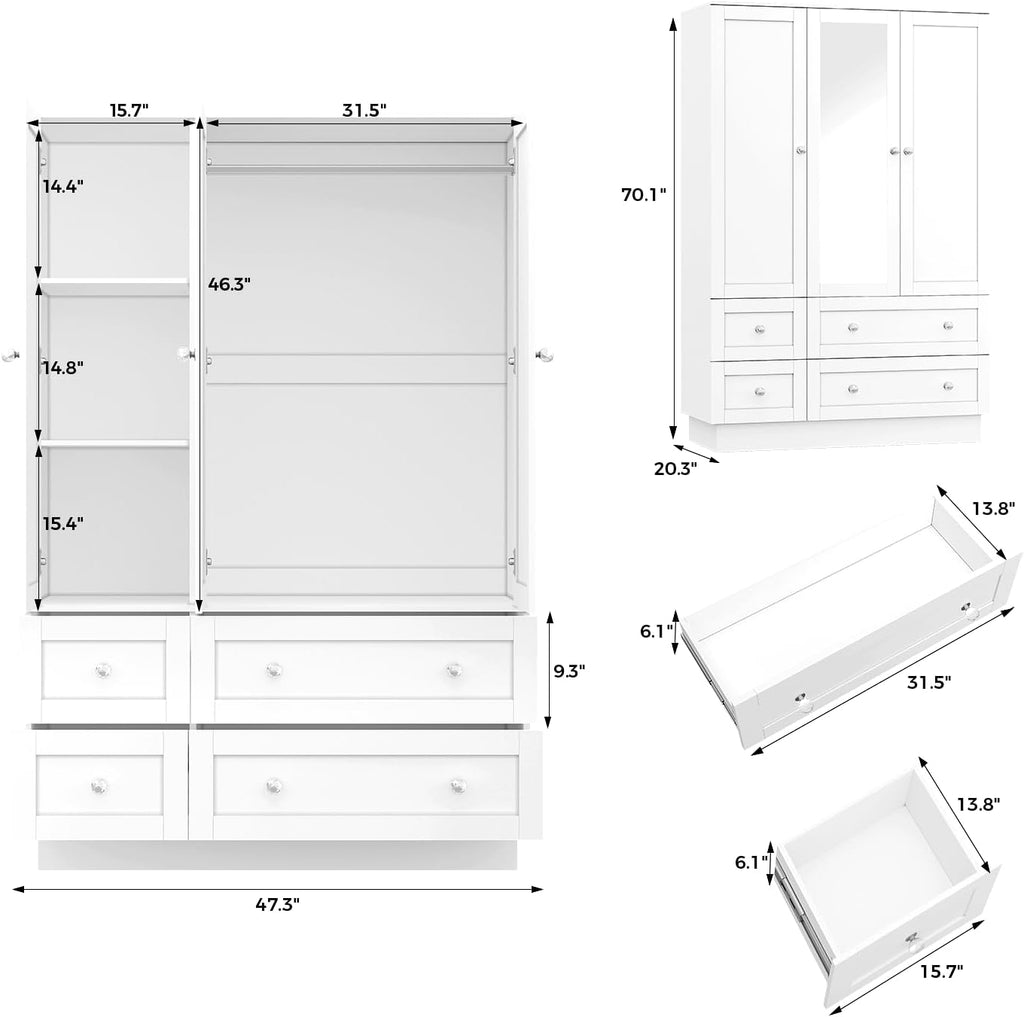 Wardrobe Closet with 3 Doors Bedroom Armoire with Mirror & 4 Drawers | Large Capacity Storage Closet with LED Light