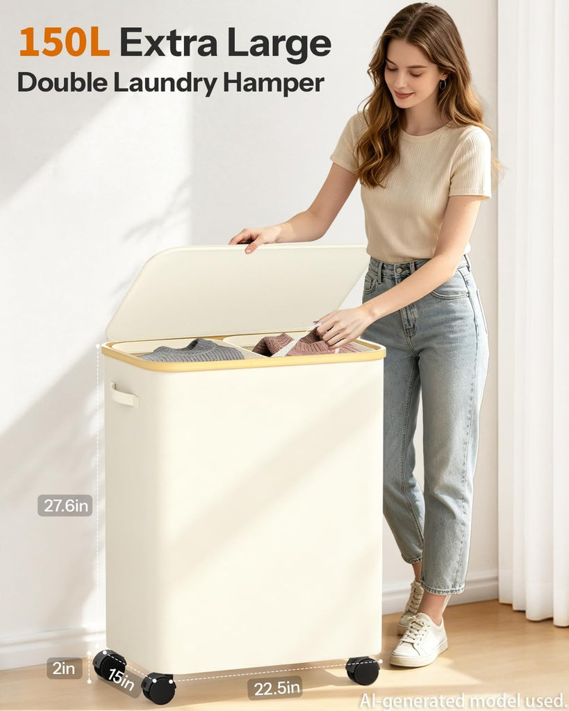 Double Laundry Basket with Wheels and Lid, 150L Clothes Hampers for Laundry | Large Laundry Hamper with 2 Sections &