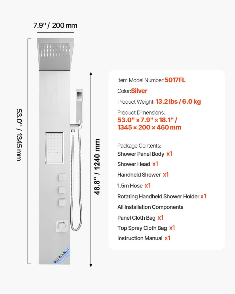 Shower Panel Tower System with Rainfall Shower Head, 53 in Brushed Stainless Steel Shower Column, 3-Function Faucet