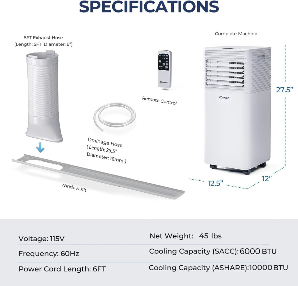 Portable Air Conditioner, 10000BTU AC Cooling for Room Spaces up to 350sq.ft, with Remote Control