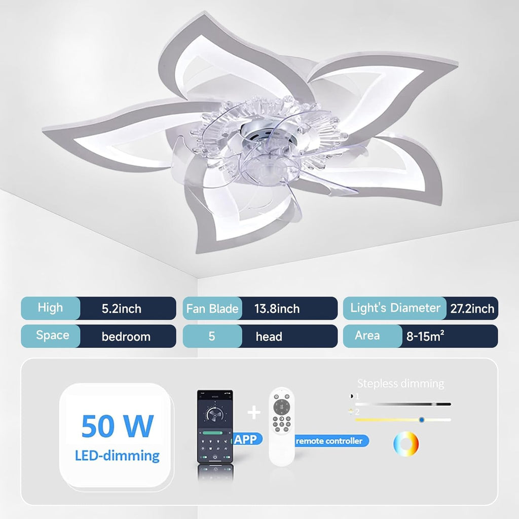 Low Profile Ceiling Fan with Lights,110v Modern Dimmable Flower Shape, Remote Control/app Control