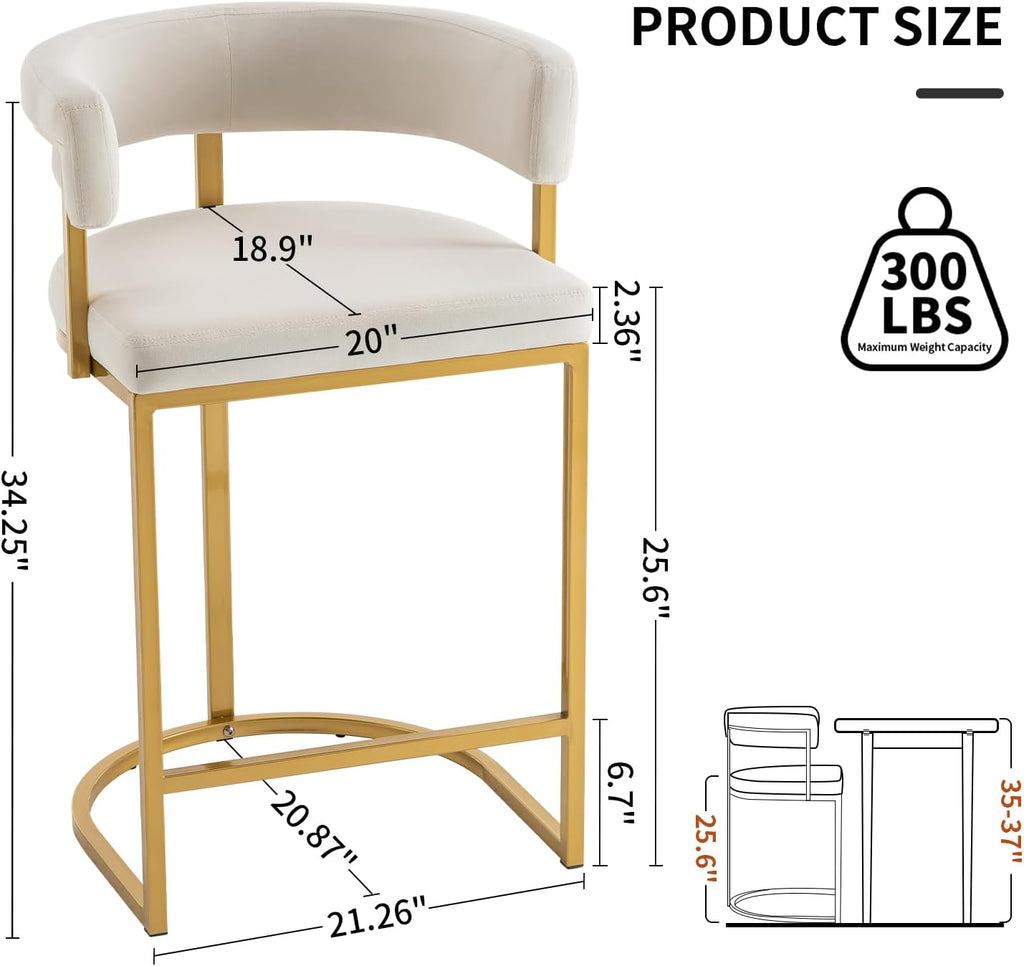 Set of 2 Beige Modern Velvet Bar Stools with Barrel Backrest, Upholstered Seat, and Gold Metal Footrest - 25.6-Inch