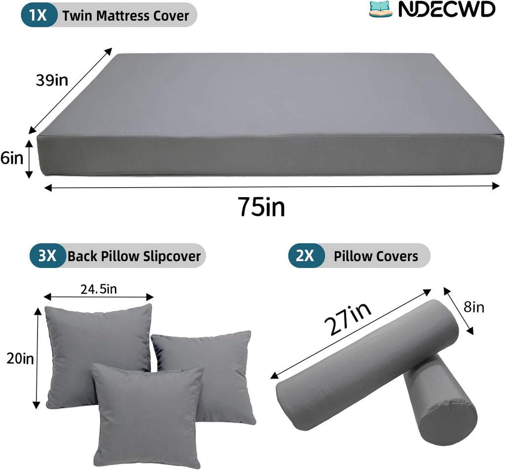Twin Size Daybed Cushion Cover, Water-Repellent Porch Swing Mattress Cover (Fits 6" Depth), Heavy-Duty UV Resistant